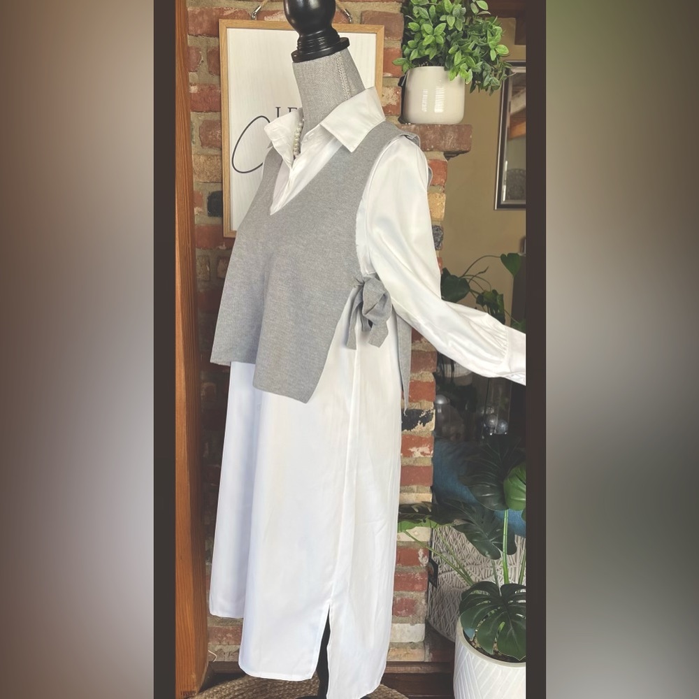 White dress with gray vest